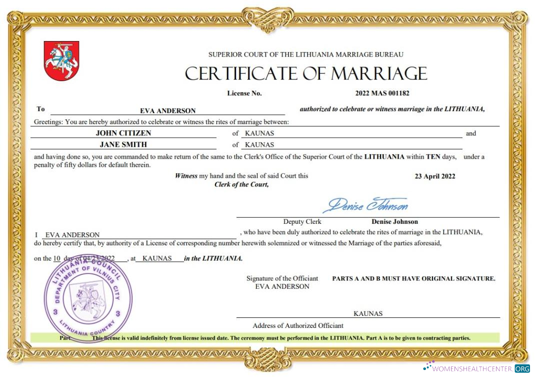 Download Lithuania marriage certificate Word and PDF template Photoshop template